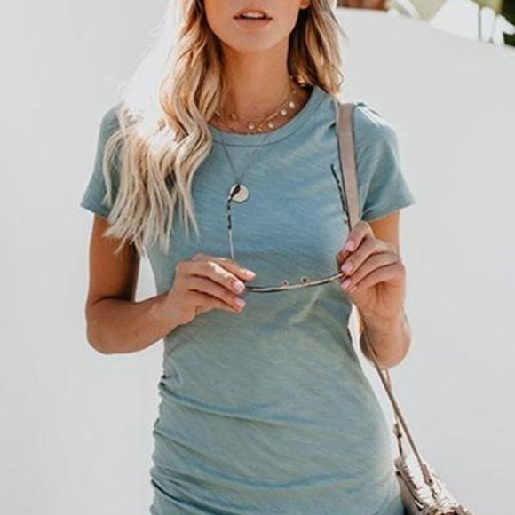 O Neck Ruffle Design Mini Dress, Light Blue, Small - Picture 2 of 2